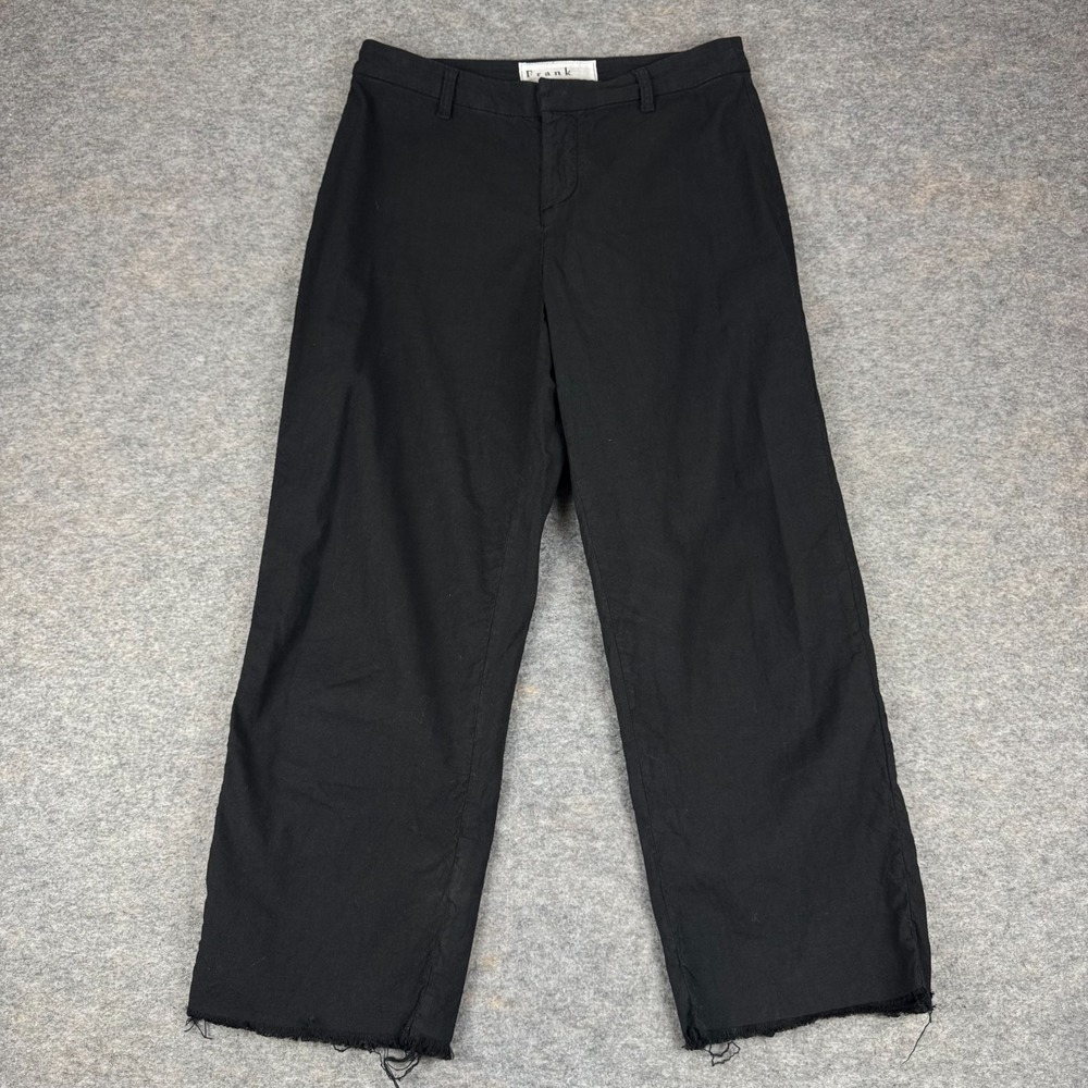 Frank & Eileen Kinsale Wide Leg Pants 27" Raw Hem Cotton Stretch Black Womens 8